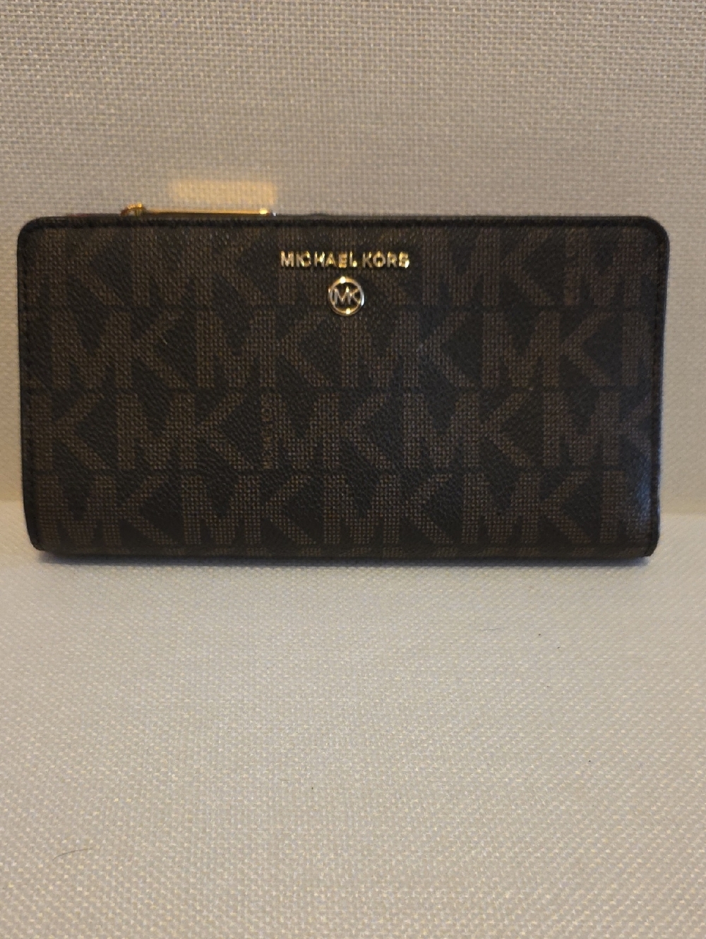 NWOT Michael Kors Dark Brown MK Logo Wallet with Maroon Inside